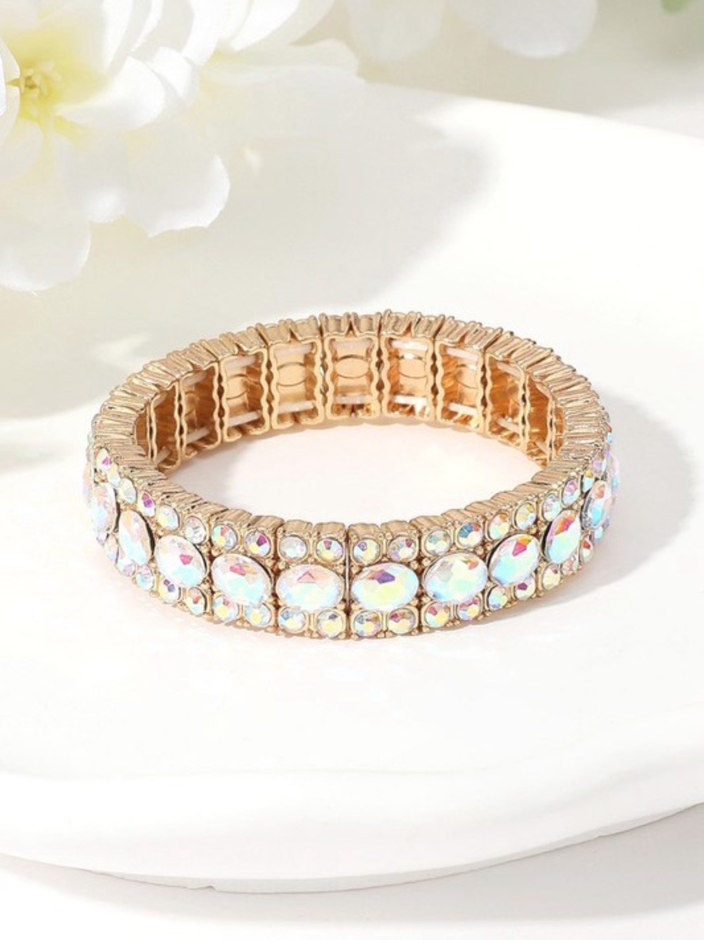 Silver Ab boho western evening stretch Crystal rhinestone beaded Bracelet